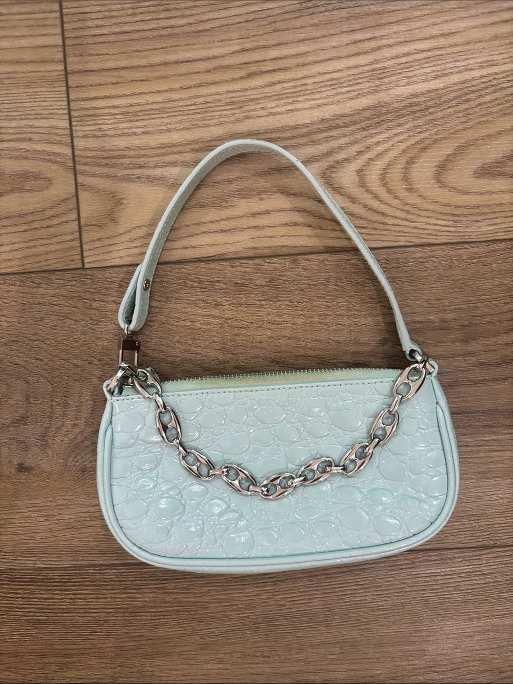 BY FAR Light Blue Croc-Embossed Mini Shoulder Bag with Chain